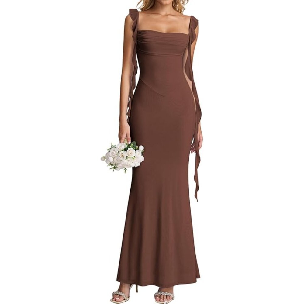 KUTUMAI Ruffle Bodycon Maxi Dress, S, Brown